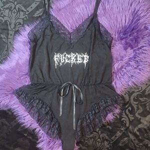 DOLLSKILL WIDOW 1X BLACK LINGERIE ROMPER "F*CKED" EMBROIDERED ON FRONT